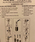 Instructions for using Vino Grip Wine Saver Vacuum Pump And Stopper Black With Rubberized Panel for sealing wine bottles.