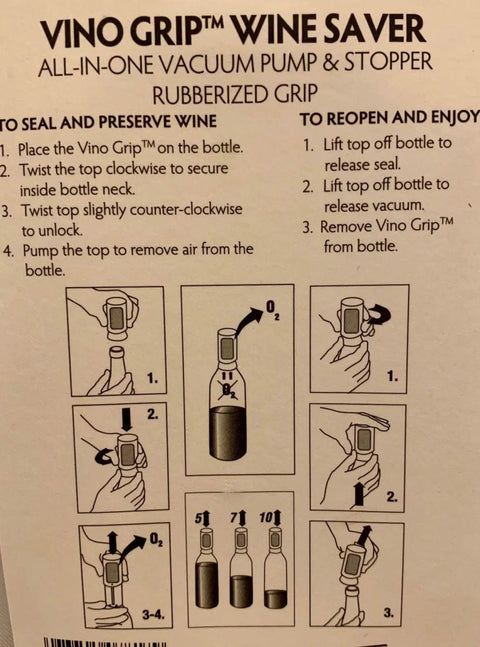 Instructions for using Vino Grip Wine Saver Vacuum Pump And Stopper Black With Rubberized Panel for sealing wine bottles.