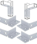 Four Piece Wing Shape Ninety Degree Fittings Set With Left And Right Brackets For One Half Inch Bolts And One And Five Eighths Inch Series Channels Use In Structural Connections For Professional Builders And Diy Projects shown in five-piece arrangement with schematic overlay.