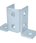 Four Pack Wing Shaped Fittings For One And Five Eighths Inch Strut Channel Eight Hole Three Sixteenths Inch Thick Carbon Steel With Electro Galvanized Silver Finish For Durable Ninety Degree Connector Brackets. Close-up of a galvanized 90-degree corner bracket with multiple holes.