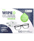 Box of Wipe N Clear Basic Lens Wipes 100 Count Individually Wrapped for Travel, showing package design and glasses