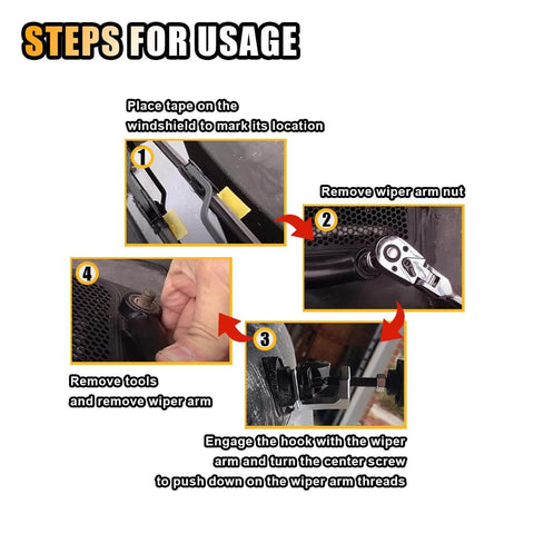 Steps for using Car Windshield Wiper Arm Puller, Handy Lightweight Removal Tool With Adjustable Knob, 0.65 Inch Opening.