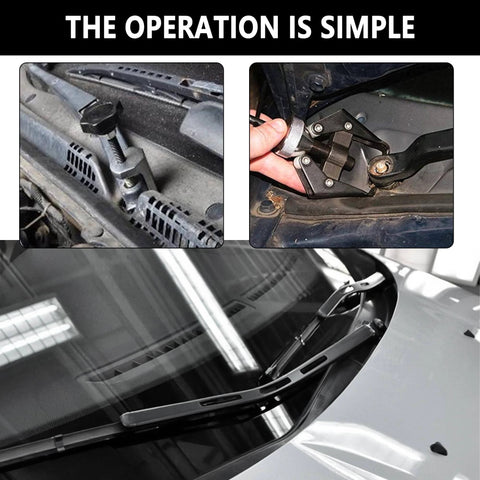 Windshield Wiper Arm Removal Tool Kit being used, close-up of tool pulling wiper arm in car maintenance, Universal Wiper Arm Puller.