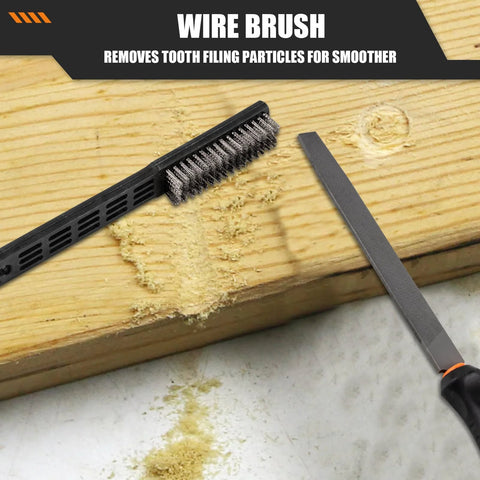 17 Piece Metal File Set With Hemicycle Angle Round Flat And Needle Files For Plastic Wood And Metal Projects In Heat Treated Drop Forged Alloy Steel With Durable Storage Case For Precision And Longevity wire brush and file on wooden surface