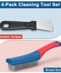 4-Pack Heavy Duty Wire Brush and Scraper Set featuring 3 stainless steel scratch brushes and 1 metal scraper with non-slip handle for cleaning.