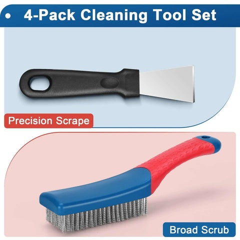 4-Pack Heavy Duty Wire Brush and Scraper Set featuring 3 stainless steel scratch brushes and 1 metal scraper with non-slip handle for cleaning.