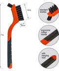 Side view of 6Pcs Wire Brush Set, featuring a 7-inch nylon brush with ergonomic rubber handle and hanging hole, for rust cleaning.