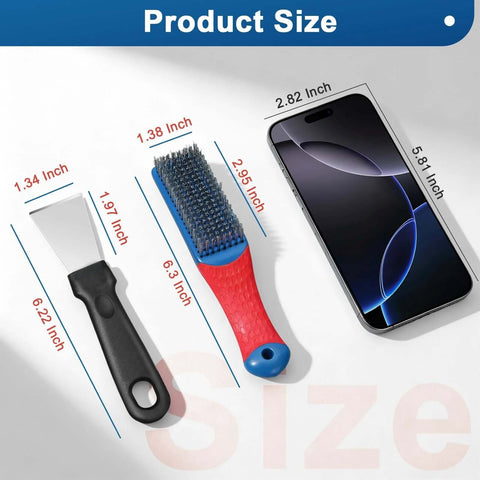 Image showing product size comparison of 4-Pack Heavy Duty Wire Brush and Scraper Set with phone for scale, including 3 stainless steel scratch brushes.