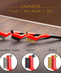 Wire Brush Set 3Pcs - Nylon/Brass/Stainless Steel Bristles with Curved Handle Grip for Rust, Dirt & Paint Scrubbing – 7 Inches (Red).