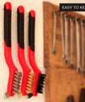 Wire Brush Set 3Pcs - Nylon/Brass/Stainless Steel Bristles with Curved Handle Grip for Rust, Dirt & Paint Scrubbing - 7 Inches, Red