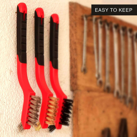 Wire Brush Set 3Pcs - Nylon/Brass/Stainless Steel Bristles with Curved Handle Grip for Rust, Dirt & Paint Scrubbing - 7 Inches, Red
