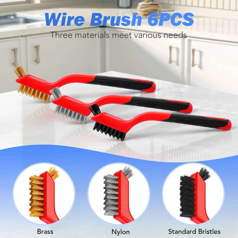 Wire Brush Set, 6 Pcs Brass/Stainless Steel/Nylon Wire Brushes with Curved Handles for Cleaning, displayed on kitchen counter.