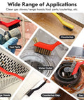 Collage of Small Wire Brush Set 6Pcs used for cleaning tool parts, range hoods, countertops, and gas stove grime, 7-inch length.