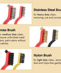 6 Pieces Wire Brushes Set showing stainless steel, brass, and nylon brushes for cleaning metal rust remover and paint removal