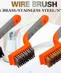 Wire Brush 3Pcs Brass/Stainless Steel/Nylon Wire Brushes with Rubber Curved Handle Grip in front of faucet