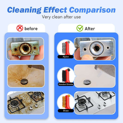 Cleaning effect comparison using Wire Brush Set, 6 Pcs Brass/Stainless Steel/Nylon Wire Brushes for Cleaning with Curved Handle Grip.