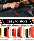 Wire Brush Set, 6 Pcs Professional Wire Brushes for Cleaning Rust, featuring nylon, stainless steel, and brass brushes with arc-shaped handles.