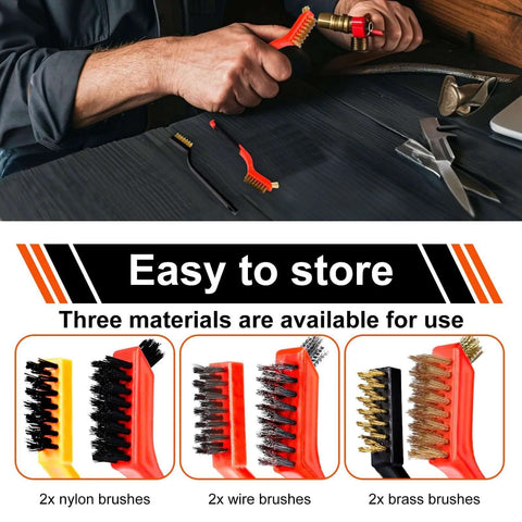 Wire Brush Set, 6 Pcs Professional Wire Brushes for Cleaning Rust, featuring nylon, stainless steel, and brass brushes with arc-shaped handles.