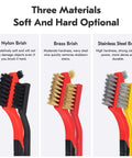 Close-up of Small Wire Brush Set 6Pcs with nylon, brass, and stainless steel bristles for cleaning rust, scrub removal paint, and grout.