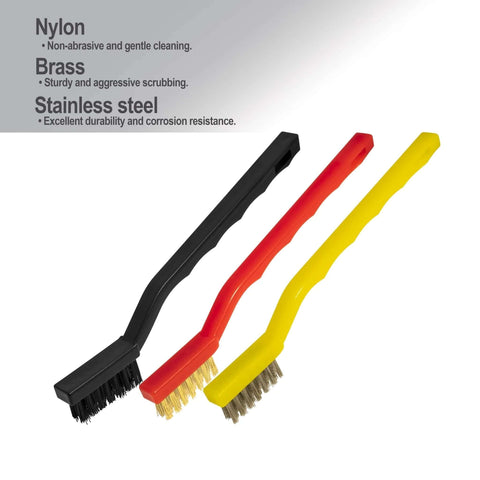 6Pcs Wire Brush Set with stainless steel, brass, nylon bristles for rust removal and slag cleaning.