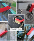 Wire Brush Set 3Pcs - Nylon/Brass/Stainless Steel Bristles with Curved Handle Grip for Rust, Dirt & Paint Scrubbing – 7 Inches (Red)