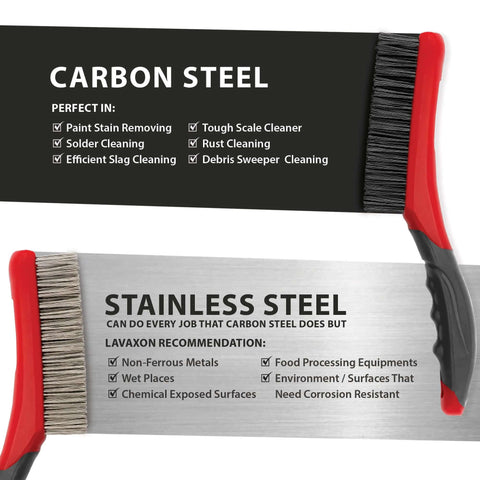 Wire Brush Set-Heavy Duty Stainless & Carbon Steel Bristles with Plastic Handle Grip for Rust, Wielding Slag, Dirt & Paint Scrubbing