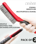 Close-up of wire brush set showcasing heavy-duty stainless and carbon steel bristles with red plastic handles, pack of 2