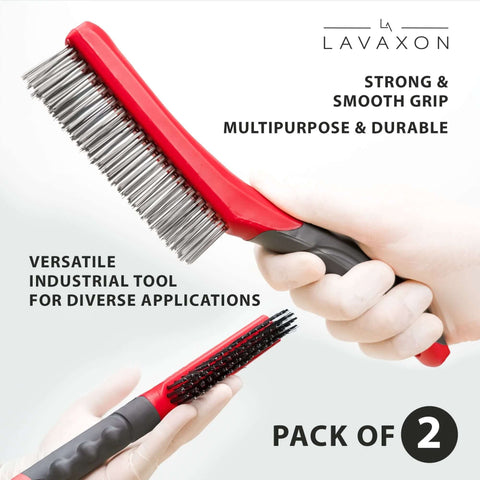 Close-up of wire brush set showcasing heavy-duty stainless and carbon steel bristles with red plastic handles, pack of 2