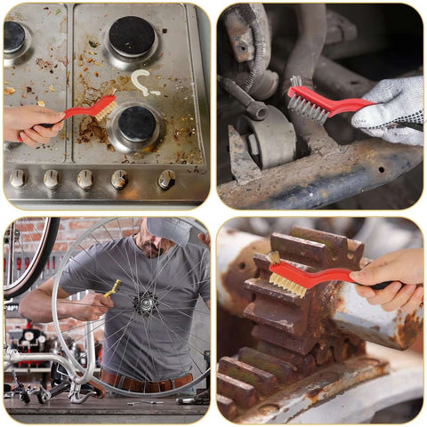 6 Pieces Wire Brushes Set cleaning stove, car, bike, and rusty gears, showing brass, stainless steel, and nylon brushes in use.