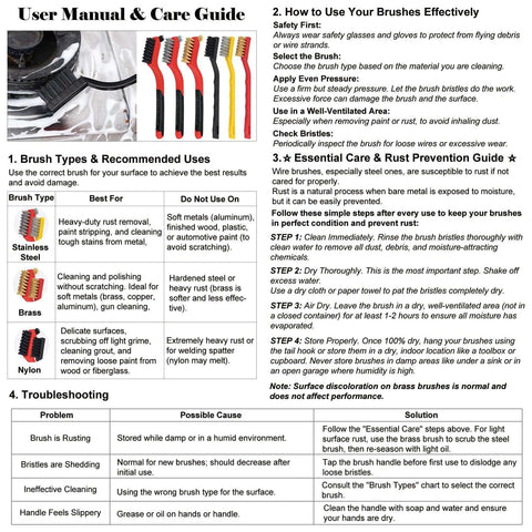 User manual and care guide for Small Wire Brush Set 6Pcs, includes usage tips and maintenance instructions for stainless steel, brass, nylon brushes.