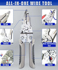 9-In-1 Wire Cutter And Crimping Tool With Adjustable AWG 6-16 showcasing various functions including grip, crimp, twist, and split features.