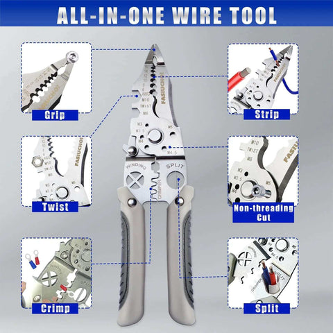 9-In-1 Wire Cutter And Crimping Tool With Adjustable AWG 6-16 showcasing various functions including grip, crimp, twist, and split features.