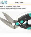 Wire cutter tool with stainless steel blades and turquoise handle, suitable for aluminum and copper wires up to 0.1 inch thick.