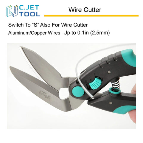 Wire cutter tool with stainless steel blades and turquoise handle, suitable for aluminum and copper wires up to 0.1 inch thick.