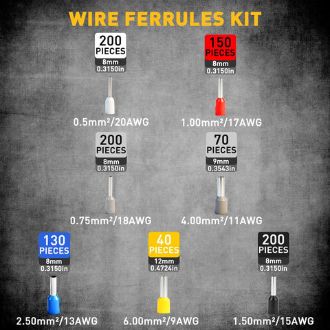 Various sizes of wire ferrules kit showing quantity and dimensions for Pro Grade Ferrule Crimping And Stripping Tool Kit