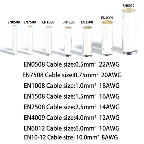 All In One Wire Ferrules Kit With 1100 Pcs Tinned Copper Crimp Connectors And Insulated Silver Plated Sleeves size chart image.