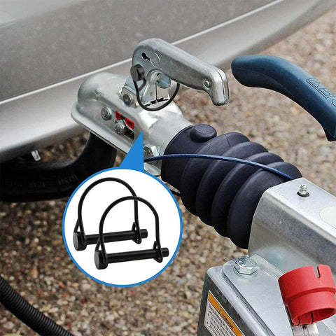 Image showing 4 Pack Wire Lock Pins Five Sixteenth Inch Carbon Steel Shaft Locking Pins With Round Loop installed on trailer hitch.