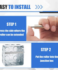 Easy installation steps for Two Pack Steel Wire Pulling Roller Set For 4 Inch Electrical Boxes, showing hand and junction box.