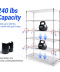 Diagram showing 24 Pack Three Quarter Inch Wire Shelf Clips With Secure Locking Metal Design For Universal Wire Shelving to hold 240 lbs per shelf.