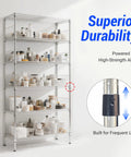 24 Pack Three Quarter Inch Wire Shelf Clips With Secure Locking Metal Design installed on a tall wire shelving unit holding various items.