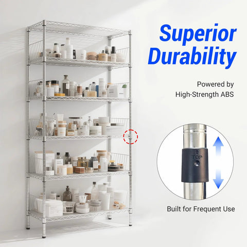 24 Pack Three Quarter Inch Wire Shelf Clips With Secure Locking Metal Design installed on a tall wire shelving unit holding various items.