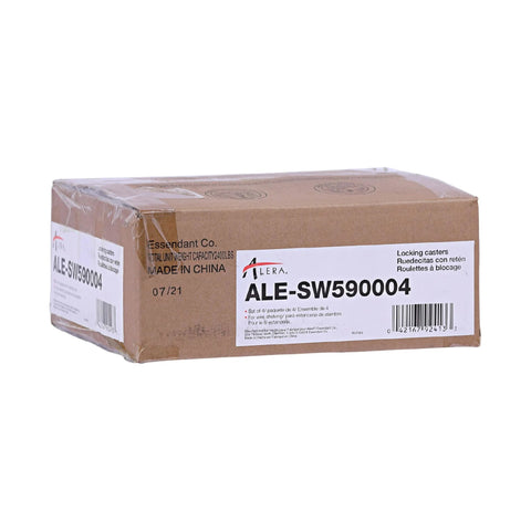 Box labeled ALE-SW590004 containing Premium Wire Shelving Casters Set Of Four With 600 Pound Per Caster Capacity Gray Finish Perfect For Upgrading Storage Racks To Mobile Flexible Organization In Warehouses Garages And Workshops.