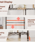 Detail display of 4 Tier Wire Shelving Unit 36x14x54 Black Adjustable Racks showing V-shaped mesh, adjustable shelves, and leveling feet.