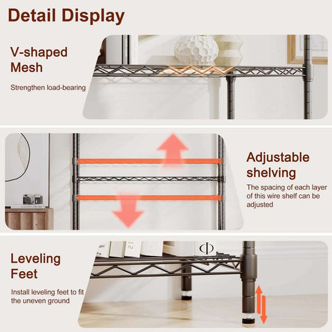 Detail display of 4 Tier Wire Shelving Unit 36x14x54 Black Adjustable Racks showing V-shaped mesh, adjustable shelves, and leveling feet.