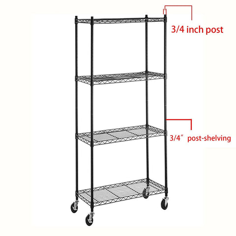 4-tier wire shelving rack on wheels with 3/4 inch posts, equipped with 2 inch locking swivel casters set of 4 with 1/4-20 threaded stem.