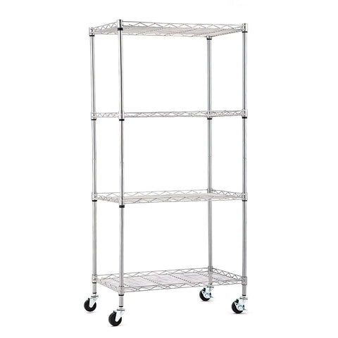 Wire shelving rack with 2 Inch Locking Swivel Casters Set Of 4 With 1/4-20 Threaded Stem For Wire Shelving Racks Heavy Duty Steel Wheels Max Load 400 Lbs Side Lock Brake Non Marring Design Replacement Wheels For Rolling Carts And Shelves attached, viewed from the side.