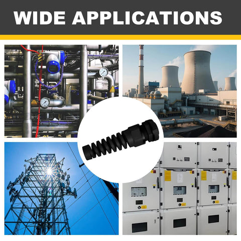 Built To Last Cable Strain Relief Cord Connector Kit, Waterproof Gland Grips With Gaskets shown with industrial applications