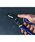 Wire Stripper And Crimper With ProTouch Grip, 8-Inch, Cuts 10-22 AWG shown in hand, highlighting pliers style nose and grip