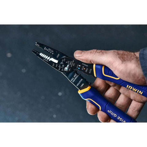 Wire Stripper And Crimper With ProTouch Grip, 8-Inch, Cuts 10-22 AWG shown in hand, highlighting pliers style nose and grip