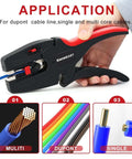 Person using Heavy Duty Wire Stripper And Cutter Two In One For 7 To 32 AWG Wires 0.03 Mm2 To 10 Mm2 on colorful cables.